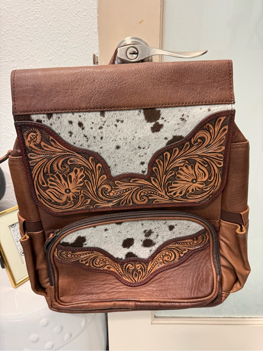 American Darling Brown Tooled Leather & Cowhide Backpack